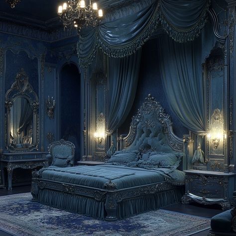 Blue Victorian Bedroom, Goth Maximalism, Bedroom Goth, Farmhouse Canopy Beds, Castle Bedroom, Build Inspiration, Sims 4 Bedroom, Victorian Bedroom, Royal Castles