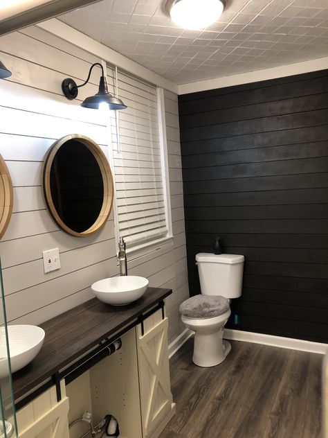 Black Shiplap Backsplash, Black Shiplap Bathroom Accent Wall, Black And White Shiplap Bathroom, Dark Shiplap Bathroom, Shiplap Bathroom Black, Black Shiplap Wall Bathroom, Black Shiplap Bathroom, Accent Wall In Bathroom, Black Fixtures Bathroom