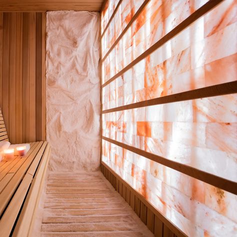 Himalayan Salt Room Construction Aluminum Panel Walls & Backlit How To Build A Salt Room, Salt Wall Himalayan, Salt Rock Wall, Himalayan Salt Sauna, Hymalayan Salt Lamp, 443 Greenwich, Sauna Aesthetic, Modern Yoga Studio, Himalayan Salt Wall