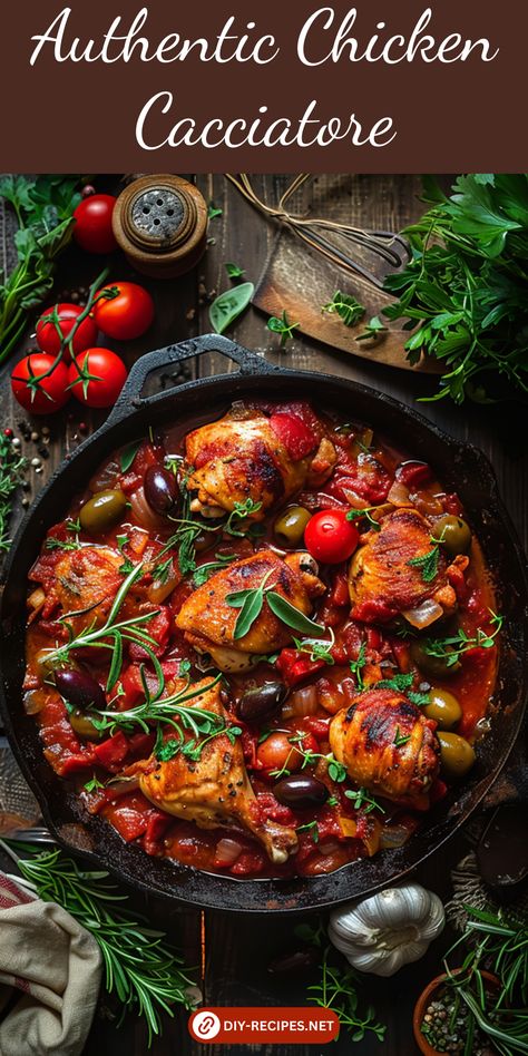 Enjoy an authentic Chicken Cacciatore with juicy chicken, fresh herbs, and a hearty tomato sauce. Chicken Cacciatore Pressure Cooker, Chicken Cacciatore With Potatoes, Quick Chicken Cacciatore, Authentic Chicken Cacciatore, Healthy Chicken Italian Recipes, Chicken Cacciatore Recipes, Spicy Chicken And Potatoes, Best Chicken Cacciatore Recipe, Italian Roast Chicken