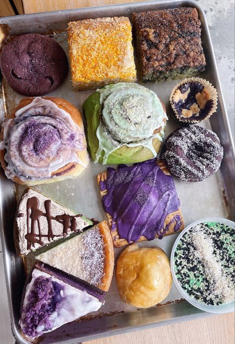 Filipino vegan bake shop - ube pastries Ube Pastry, Filipino Cafe, Filipino Pastries, Filipino Bakery, Ube Desserts, Ube Cake, Pastry Ideas, Filipino Desserts, Bakery Cafe