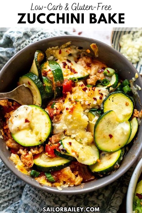 Zucchini Bake is a cheesy, easy low carb meal full of protein from ground chicken in every bite. A feel good meal fora healthy dinner recipe or lunch idea you will love - plus it's gluten-free and great for meal prep! Meal For The Week, Chicken Zucchini Recipes, High Protein Low Carb Recipes Dinner, Ground Chicken Recipes Healthy, Sailor Bailey, Zucchini Bake, Zucchini Recipes Healthy, Ground Chicken Recipes, High Protein Low Carb Recipes