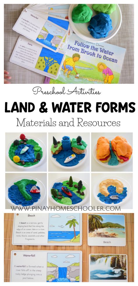 Materials and resources for land and water forms Playdough Landforms, Landforms Project For Kids, Land Forms Projects Ideas, Landform Projects For Kids, Land And Water Forms Montessori, Water Crafts For Kids, Geography Elementary, Geography Preschool, Landforms Project