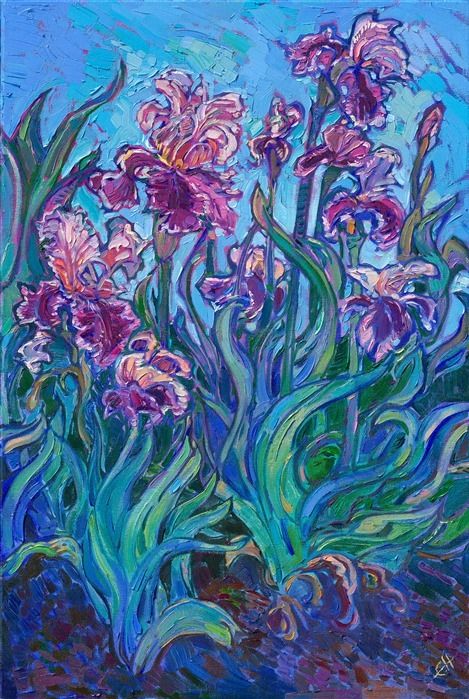 Beautiful purple irises painted in Erin Hanson's open impressionist style Abstract Impressionist Paintings, Purple Iris Flowers, Painting Purple, Erin Hanson, Iris Painting, Contemporary Impressionism, Art Basics, Carmel By The Sea, Art Van