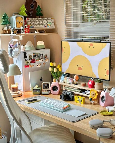 Desk Idea, Pretty Desks, Cozy Desk, Genshin Art, Study Desk Decor, Desk Layout, Cozy Home Office, Dorm Inspo, Desk Inspiration