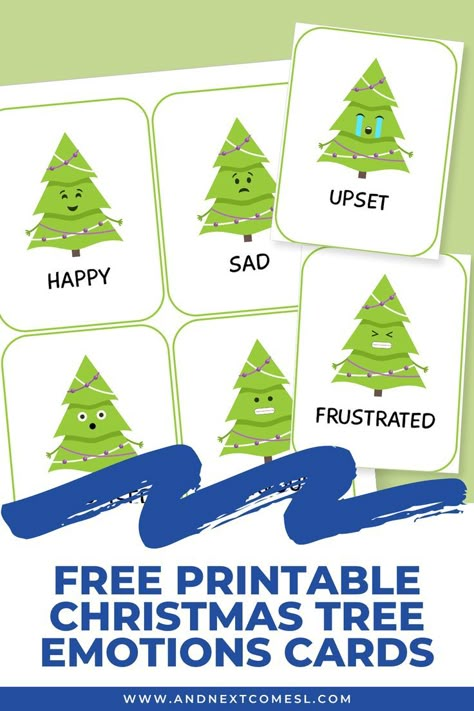 Screenshots of Christmas tree themed emotions cards on a green background. There is a text overlay in navy that says "Free Printable Christmas Tree Emotions Cards." Winter Mindfulness Activities, Christmas Coping Skills Activity, Christmas Social Emotional Preschool, December Social Emotional Activities, Winter Social Emotional Activities For Toddlers, Christmas Themed Activities For Kids, Christmas Social Emotional Activities, Social Emotional Activities Preschool, Christmas Therapy