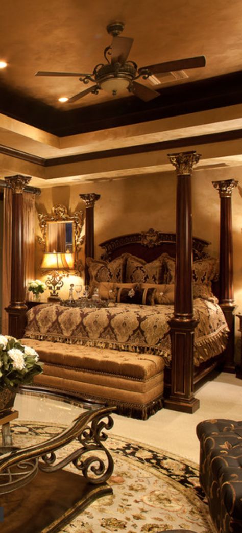 Old World, Mediterranean, Italian, Spanish & Tuscan Homes & Decor Old World Bedroom, Tuscan Home Decorating, Tuscan Bedroom, Tuscan Homes, Tuscany Decor, Post Bed, Homes Decor, Bedroom Christmas, Tuscan Design