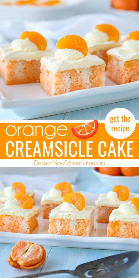 Orange Creamsicle Cake is an easy cake recipe with Jello and pudding. Light and citrusy, this doctored cake mix is way better than made straight from the box. This orange poke cake is the perfect flavor for summer! Aloha Desserts, Orange Dreamsicle Cake Recipe, Dreamsicle Cake Recipe, Orange Creamsicle Cake, Orange Recipes Dessert, Pudding Frosting, Pizza Fruit, Creamsicle Cake, Easy Cake Recipe