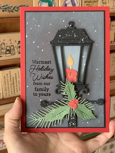 Memory Box NEW Old Lamp Post, Melted Candles, Holly Bundle and Pine Needle Trio Card... Old Lamp Post, Christmas Lamp Post, Memory Box Cards, Ornament Tags, Memory Box Dies, Lantern Christmas, Christmas Lamp, Christmas Card Inspiration, Candle Cards