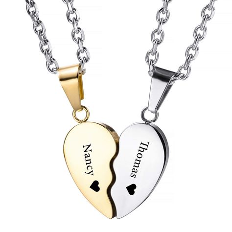 PRICES MAY VARY. 👩‍❤️‍💋‍👨 FREE LASER ENGRAVING --- This couple heart necklace comes with free engraving service, clicking the 'Customize Now' button, enter some meaningful text, such as name, date, coordinates, the word will be engraved on the two half heart pendant, creating a personalized jewelry for you. 👩‍❤️‍💋‍👨 ELEGANT DESIGN --- Matching split heart design, as puzzle heart necklace. 3 color available, Silver + Silver, Silver + Gold, Silver + Rose-gold. The pendant and chain with high Half Heart Necklace Couple, Stuff For Girlfriend, Cute Couple Necklaces, Matching Necklaces For Couples, Couple Heart, Half Heart, Presents For Girlfriend, Birthday Stone, Couple Necklace