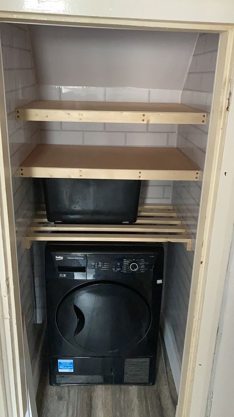 Small Utility Room Under Stairs, Understair Case Laundry, Tumble Dryer Storage Ideas, Tumble Dryer Under Stairs Cupboard, Store Room Under Stairs, Under Stairs Storage With Tumble Dryer, Under Stairs Storage Tumble Dryer, Dryer Under Stairs, Under Stairs Tumble Dryer