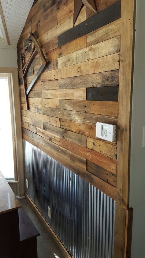 Corigated Metal Walls Rustic, Tin And Wood Walls, Galvanized Tin Walls, Tiki Bathroom, Pallet Wall Ideas, Half Wall Ideas, Pallet Accent Wall, Rustic Bathroom Shower, Rustic Shed