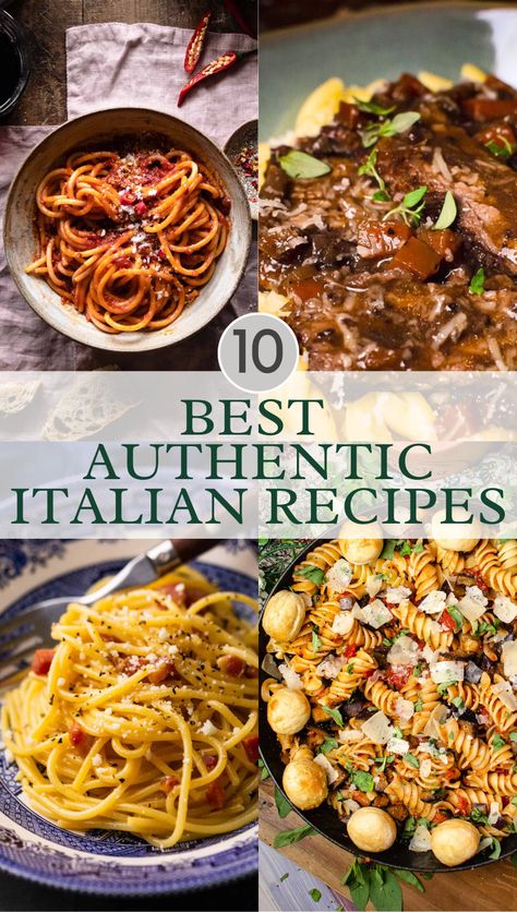 Collage image for authentic Italian recipes. Two images up top, two image down below. And in the middle is a translucent white box and a grey circle with a white outline at the top of the white box. In the circle is the number, 10. And in the box is a title that reads, "Best Authentic Italian Recipes." Italian Buffet Ideas Dinners, Italian Sunday Dinner Ideas, Authentic Italian Dishes, Italian Main Dishes, Authentic Italian Recipes, Top Dinner Recipes, Food Bucket List, Italian Dinner Party, Recipes Italian