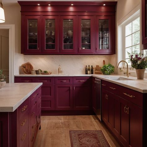 The color of your kitchen cabinets plays a crucial role in defining the overall aesthetic and mood of your kitchen. It’s more than just a backdrop; the right color can transform your space from ordinary to extraordinary. Whether you’re aiming to make a bold, eye-catching statement or create a soothing, serene environment, choosing the perfect cabinet color is key. Burgandy Kitchen Cupboards, Cranberry Kitchen Cabinets, Red Kitchen Cabinets Color Schemes, Wine Colored Cabinets, Wine Colored Kitchen Cabinets, Wine Colored Kitchen, Wine Color Kitchen, Fun Cabinet Colors, Red Kitchen Countertops