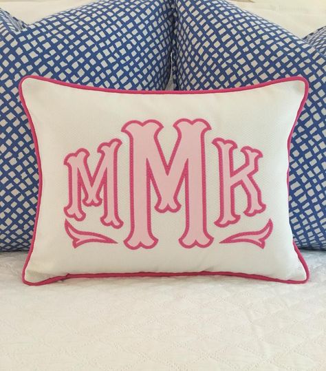 Monogrammed Appliqué Pillow Cover | Etsy Dorms Decor, Shower Curtain Monogram, Initial Pillow, Monogram Pillow, Applique Pillows, Pink Thread, Applique Monogram, Monogram Pillows, Pink Monogram