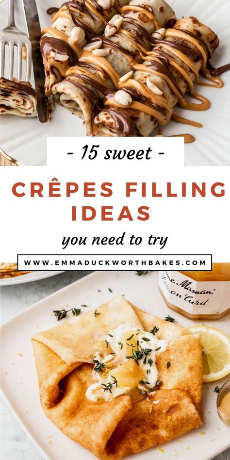 If you're a massive fan of crêpes like me, then you'll love my top 15 Crêpes Filling Ideas. Make yourself a batch of crêpes and get creative with these fillings. Each one is as delicious as the next and they'll be sure to satisfy. Mascarpone Crepe Filling, Sweet Breakfast Crepes, Crepe Ideas Sweets, Crepes Topping Ideas, Crepe Topping Ideas Sweet, Sweet Crepes Recipe Desserts, Make Crepes At Home, Crepe Ideas Savory, What To Put On Crepes