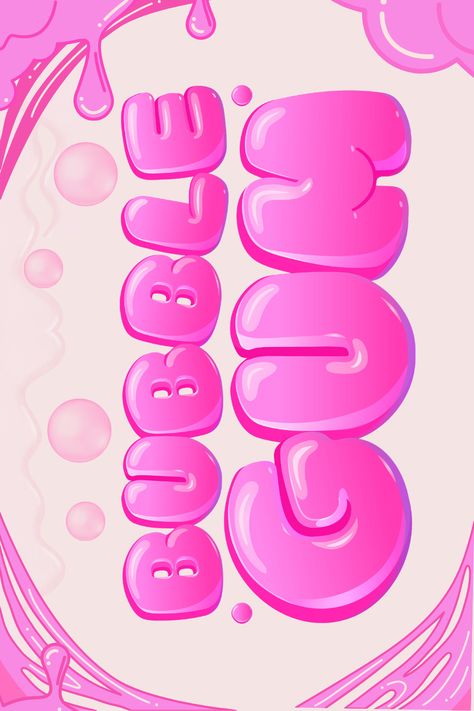 Pink fonts with bubble gum aesthetic. Bubble fonts with the letters "Bubble Gum" written. Chewy stretchy gum effect. Bubble Gum Editorial, Bubble Gum Pop Aesthetic, Gum Branding, Bubble Gum Aesthetic, Gum Aesthetic, Letters Bubble, Gum Brands, Clay Patterns, Decorative Fonts