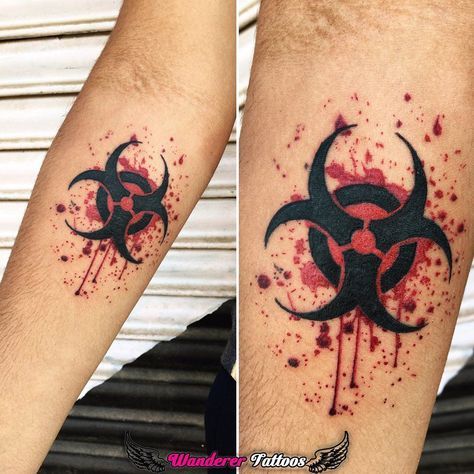 Biohazard Tattoo Design, Biohazard Symbol Tattoo, Blood Splatter Tattoo, Toxic Symbol Tattoo, Toxic Tattoo Ideas, Blood Tattoo Ideas, Wanderer Tattoo, Toxic Tattoo, Biohazard Tattoo