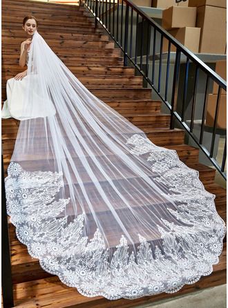 One-tier Lace Applique Edge Cathedral Bridal Veils With Lace (006286247) - JJ's House Cheap Wedding Veil, Vintage Italian Wedding, Lace Edge Veil, Cathedral Bridal Veils, Blusher Veil, Long Veil, Cathedral Veil, Italian Wedding, Baroque Fashion