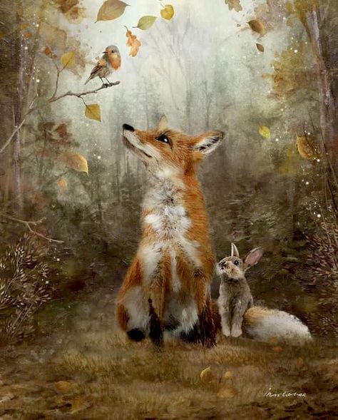 Fox And Rabbit, Woodland Art, Rabbit Art, Fairytale Art, Fox Art, Naive Art, Arte Fantasy, Art And Illustration, Jolie Photo