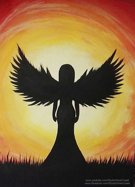 Acrylic Painting - Angel Silhouette Video available: https://youtu.be/oKfO_3v0fkA #AcrylicPainting #Painting #SilhouettePainting #AngelPainting Shilloute Painting, Sillouttes Paintings, Emotional Paintings Easy, Silhouette Painting Acrylic, Silhouette Painting Ideas, Silouttes Art, Silhouette Art Painting, Painting Inspiration Acrylic, Pumpkin Carving Ideas Easy