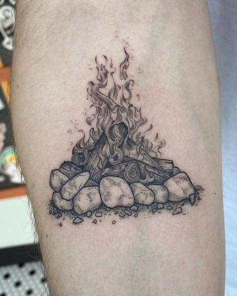 Earth On Fire Tattoo, Fiery Tattoo, Mountain Man Tattoo, Bonfire Tattoos, Nature Tattoo Men, Tattoo Ideas Fire, Fire Pit Tattoo, Log Tattoo, Fireplace Tattoo