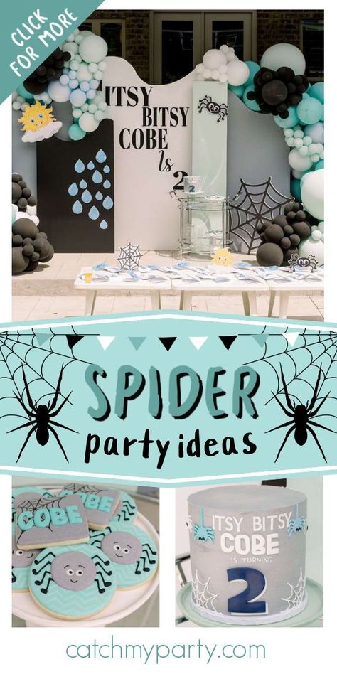 Spider Themed Birthday Party, Lucas The Spider Party, Spider Party Ideas, Spider Birthday Party Ideas, Itsy Bitsy Spider Birthday Party, Spider Birthday Party, Spider Party, Third Birthday Girl, Spider Theme