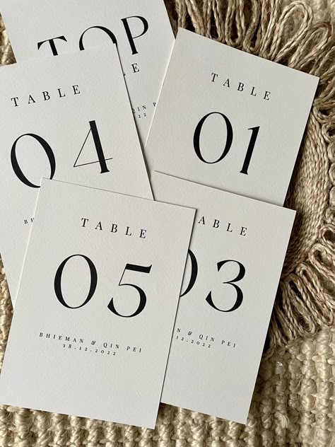 These A5 table names are the perfect personalised addition to your tables. Whether for a wedding or event, personalise your table numbers with your required text and add the finishing touches to your tablescape. These add a modern twist to a classic, simplistic feel. Creating a timeless aesthetic to your event. D E T A I L S - Each table number is individually designed, bespoke to you. - Table numbers are printed on high quality 300gm2 textured card, giving a luxe premium feel. - Each table number is A5 in size (210mm x 148mm) - Table numbers are printed in jet black ink - When ordering your table names, simply add to your basket how many you require. The numbers will be printed in order starting from 1. For example, if you order 5 table names, you will receive table numbers 1, 2, 3, 4, 5. Modern Table Numbers, Wedding Table Names, Card Table Wedding, Table Names, Wedding Mood Board, Wedding Goals, Wedding Mood, Wedding Signage, Table Cards