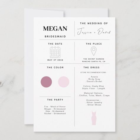 Modern Minimalist Bridesmaid Info Card Bridesmaid Detail Cards, Bridesmaid List, Bridesmaid Info Card, Minimalist Bridesmaid, Bridesmaid Duties, Whimsical Dress, Bridesmaid Attire, Wedding 2025, Bridesmaid Dress Colors