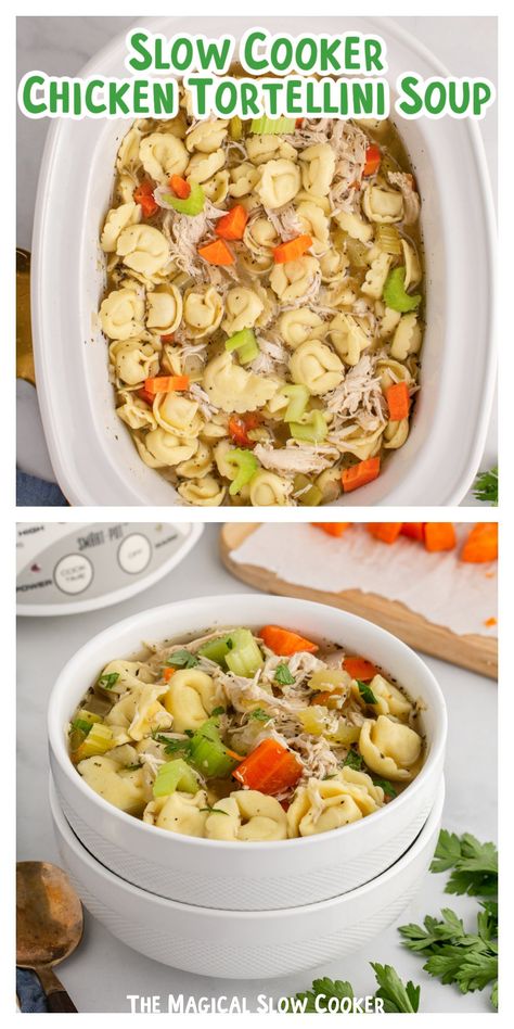 Made with a few vegetables, chicken breasts, broth, and tortellini, this chicken tortellini soup recipe is easy, flavorful, and sure to please the whole family. The next time you're looking for a nice and hearty soup to make, whip up a batch of this easy chicken tortellini soup. - The Magical Slow Cooker Easy Crock Pot Tortellini Soup, Chicken Broccoli Tortellini Soup, Tortalini Soup Crock Pot, Crock Pot Chicken Tortellini Soup, Totelini Soup Easy Crockpot, Soups With Cheese Tortellini, Slow Cooker Chicken Tortellini Soup, Chicken And Tortellini Recipes Crock Pot, Dairy Free Tortellini Soup