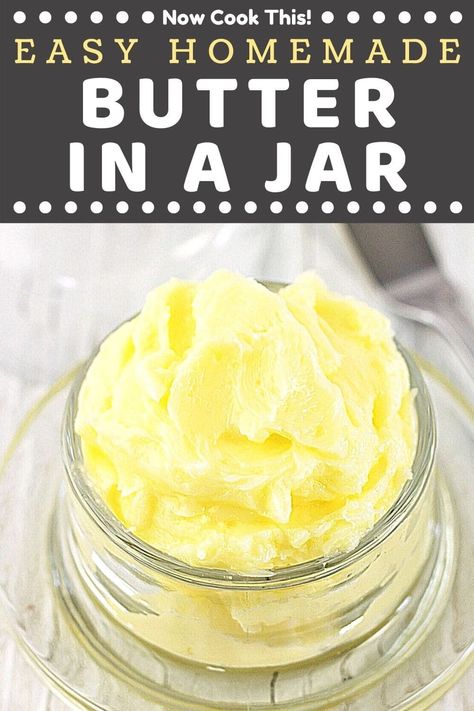 This Easy Homemade Butter in a Jar is a fun kitchen experiment for kids and grown-ups alike! All you need is 2 ingredients, about 10 minutes, and a lot of shaking to make a small batch of delicious sweet and creamy butter that everyone will love. Get the recipe and give it a try! #homemadebutterinajar #butterinajar #homemadebutter #butter Homemade Butter In A Jar, Butter In A Jar, Easy Homemade Butter, Flavored Butters, Cultured Buttermilk, Experiment For Kids, Making Butter, Butter Recipes, Fun Kitchen