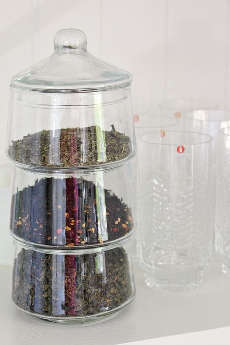 Clever Idea for Storing Loose Leaf Tea: Vintage Stacked Glass Container Tea Leaves Storage, Loose Leaf Tea Display, Loose Leaf Tea Storage Organizing, Loose Leaf Tea Station, How To Store Tea Bags Ideas, Loose Tea Storage Ideas, Tea Storage Ideas Loose Leaf, Loose Leaf Tea Organization, Tea Making Station