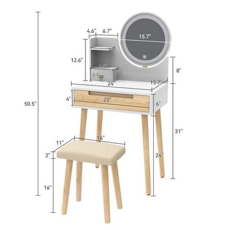 Vanity Desk Set with Adjustable Lighted Mirror & Storage Shelf Vanity Table with Drawer 24" Makeup Vanity Compact Dressing Table - Bed Bath & Beyond - 41073012 Compact Dressing Table Ideas, Tiny Dresser, Tiny Vanity, Compact Dressing Table, Small Space Vanity, Small Makeup Vanity, Small Makeup Vanities, Mirror Storage, Shelf Vanity