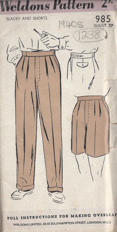 ~ Circa/Date: 1940s WW2 ~ Details:  MENS PANTS TROUSERS SHORTS – ~ Size/Measurements:  ~ Waist: 37�″    ~ Hip/Seat: 42″    ~ Length: 43 1/2  (Inches).   ~ Please Note: ~ You are buying a ‘Professional Digitally Reproduced’ copy of this sewing pattern. Copied from the original sewing pattern. Produced in Full Scale Pattern Pieces ready … Men Pants Pattern, Clothing Reference, Vintage Mens Fashion, Clothes Reference, Fashion Sewing Pattern, Drawing Clothes, Pants Pattern, Old Fashion, Mode Inspiration