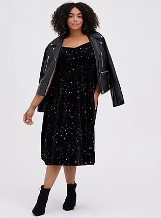 Plus Size Skater Midi Dress - Velvet Stars Black , STARS-BLACK Gowns Floral, Plus Size Skater Dress, Plus Size Leather Jacket, Bright Blue Dresses, Velvet Dress Short, Velvet Skater Dress, Midi Skater Dress, Floral Prom Dresses, Plus Size Mini Dresses