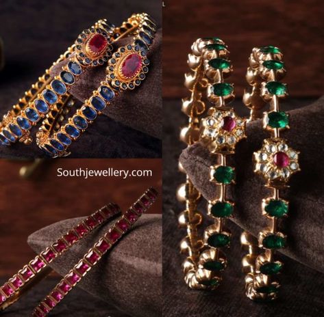 22k gold Precious stone bangles photo 22k Gold Bangles, Stone Bangles, Ruby Bangles, Gold Bangles For Women, Beautiful Gold Necklaces, Jewelry Set Design, Beaded Necklace Designs, Antique Bridal Jewelry, Antique Jewelry Indian