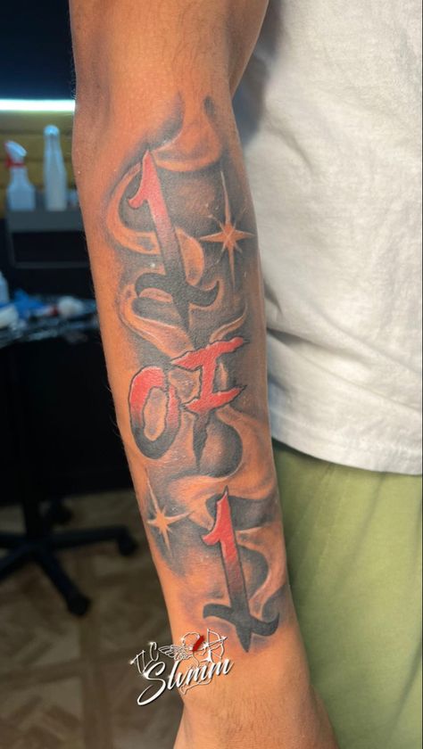 Pop Out Tattoos, 1 Of 1 Neck Tattoo, Tattoo Ideas For Men Forearm Name, 1 Of 1 Tattoo Design, Dreams To Reality Tattoo, Backside Of Arm Tattoo, 1of1 Tattoo Men, Face Everything And Rise Tattoo, 1 Of 1 Tattoo Men