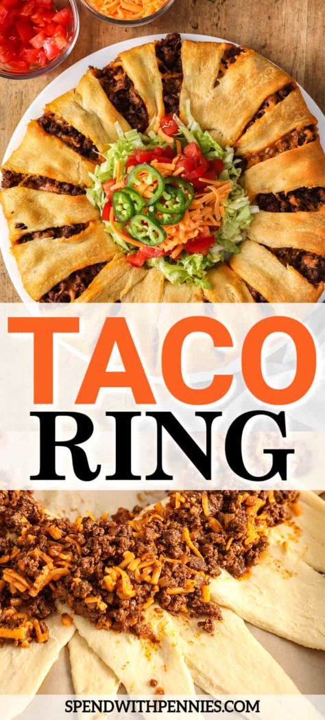 Taco Croissant Ring, Taco Ring With Crescent Rolls Pillsbury, Crunchy Taco Ring, Crescent Taco Ring, Taco Ring With Crescent Rolls, Appetizers For Party Easy, Taco Crescent Ring, Taco Ring Recipe, Taco Ring