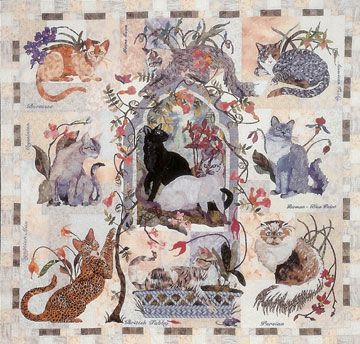 My Cats Garden, 52 x 50, by Maggie Walker - Wish I could make something like this for Janie & Michele Cat Quilt Patterns, Chicken Quilt, Quilt Club, Cat Applique, Applique Quilt Patterns, Garden Quilt, Animal Quilts, Cat Quilt, Cat Garden