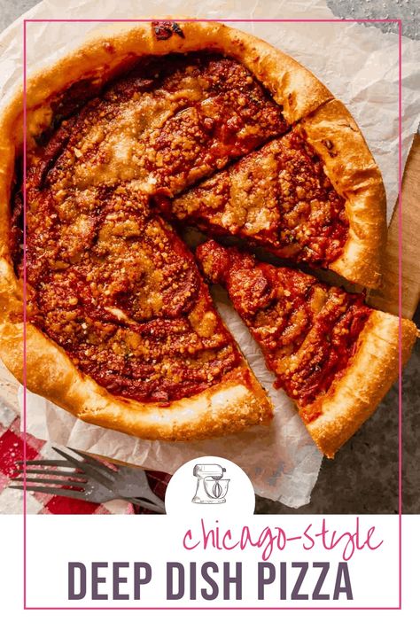 Take your at-home pizza night to the next level with this authentic Chicago-style deep dish pizza. Homemade flaky, buttery pizza dough climbs the sides of the pan and is topped with gooey mozzarella cheese, pepperoni slices, and a chunky homemade tomato sauce. This loaded pizza can also easily bake in a cast-iron skillet for an ultra-crispy crust. Ditch the take-out and make your own deep-dish pizza at home with this delicious recipe. Chicago Style Deep Dish Pizza, Deep Dish Pizza Recipe, Chicago Deep Dish Pizza, Pizza Homemade, Pizza At Home, Homemade Tomato Sauce, Deep Dish Pizza, Gooey Cheese, Flaky Crust