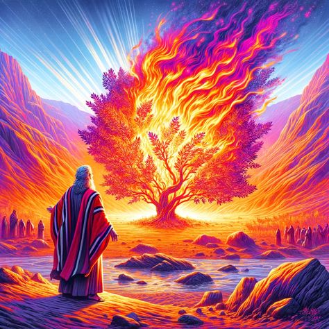 A vibrant and detailed illustration of Moses encountering God in the burning bush, as described in Exodus 3:2-6. The scene is set in a desert landscape with a clear, bright sky. The bush, central to the composition, is engulfed in flames that are vivid and intense yet do not consume the bush. Moses, depicted as an awe-struck, Middle-Eastern man with a beard, is standing a few feet away,... Moses And The Burning Bush Craft, Burning Bush Art, Burning Bush Tattoo, Moses And Burning Bush, Burning Bush Moses, Bible Story Art, Moses Burning Bush, Talitha Koum, Moses Art