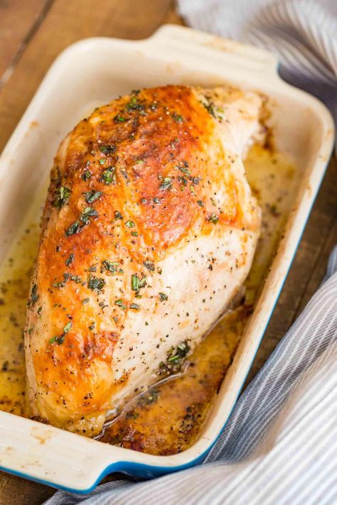 "Roasted Turkey Breast made with butter, herbs, salt, and pepper has tender juicy meat and CRISPY skin, and roasts in only 90 minutes!" Turkey Thigh Recipes, Thanksgiving Turkey Breast, Roasted Turkey Thighs, Thanksgiving Main Dishes, Braised Chicken Breast, Cooking Turkey Breast, Oven Roasted Turkey, Turkey Breast Recipe, Roast Turkey Breast