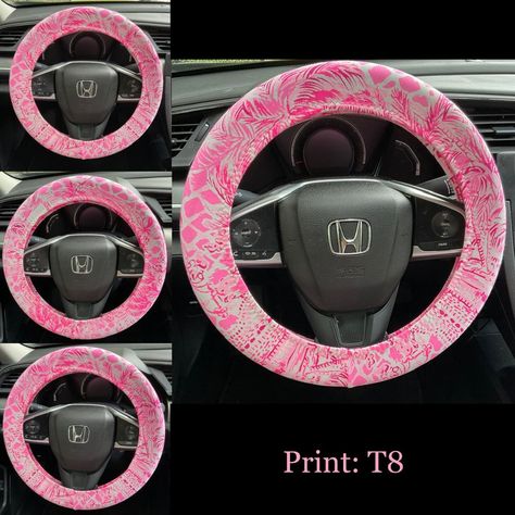 Pink and White steering wheel cover -  #cover #pink #Steering #Wheel #White Jeep Decor, Preppy Car Accessories, Preppy Car, Car Wheel Cover, Seat Belt Covers, Tropical Palm Trees, Girly Car Accessories, Car Life, Car Deco