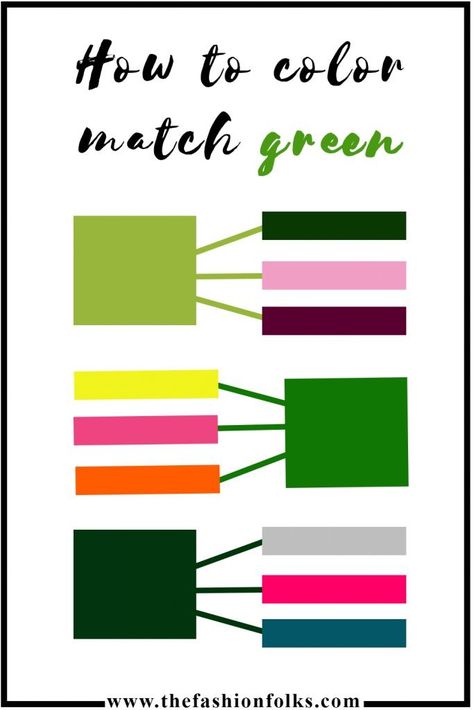 Colors That Match Green Clothes, Green Pairing Color, Pair Green With, Combination Of Green Colour, Colour Matching Outfits, Colours That Go With Green Clothes, Pista Green Colour Combination Dress, How To Match Clothes Outfit Ideas, Green Contrast Color Combinations Dress