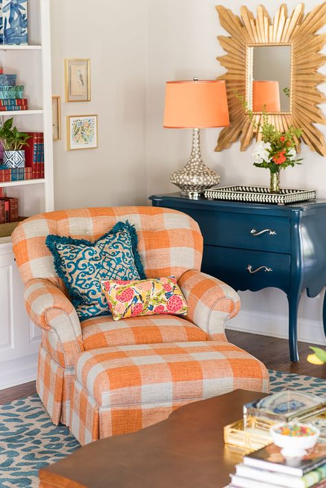 Amanda Louise Interiors : Hippity Hop Living Room Living Rooms With Pops Of Color, Cheerful Living Room Decor, Colorful Country Living Room, Amanda Louise Interiors, Preppy Living Room, Preppy Eclectic, Mixing Patterns, Room Colors, Modern Living Room