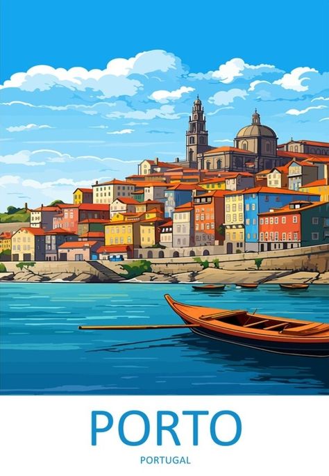 Portugal Painting, Sketching Color, Toon Shader, Interweave Crochet, Wanderlust Decor, Europe City, City Postcard, Spring City, City Cartoon