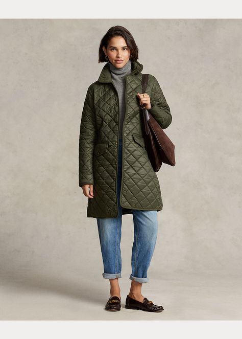 Quilted Coat for Women | Ralph Lauren® NL Green Parka Outfit, Quilted Jacket Outfit, Lambskin Coat, Long Quilted Coat, Ladies Coat Design, Jacket Outfit Women, Autumn Look, Long Coat Jacket, Women Ralph Lauren