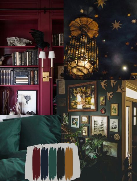 Moody Maximalist Library, Jewel Tone Wall Colors, Moody Maximalism Bedroom, Dark Bedroom Vintage, Jewel Tone Home Library, Moody Maximalist Interior, Black And Jewel Tone Bedroom, Dark Moody Maximalist Bedroom, Moody Bedroom Ceiling