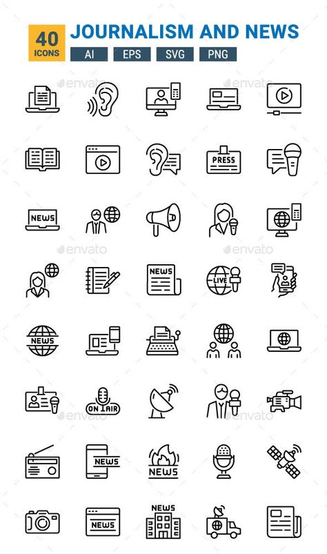 Journalism and News - Icons News Paper Drawing, Journalism Poster, Newspaper Icon, Journalism Aesthetic, Journalism Ideas, Bullet Journal Icons, News Icon, Paper Logo, Event Website