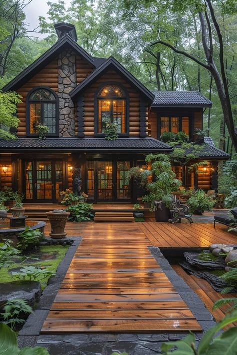 Log Cabin Homestead, Rock Cabin House, Cabin Woods Aesthetic, Black Rustic House, Cozy House Aesthetic Exterior, Dark Rustic Home, Tiny Country House, Cabin House Aesthetic, Wood Exterior House